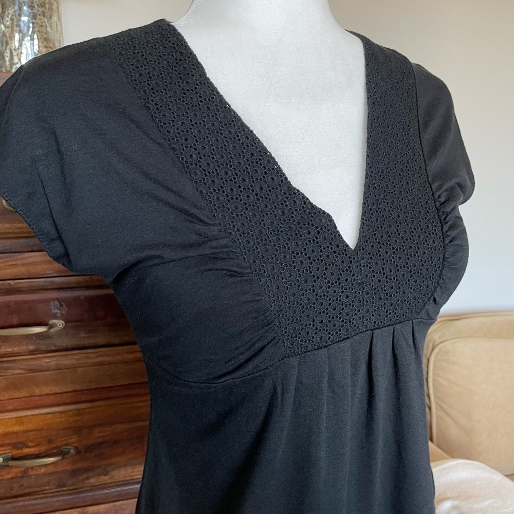 Banana Republic Black Top, Deep V-Neck with lace, Black Layering Shirt